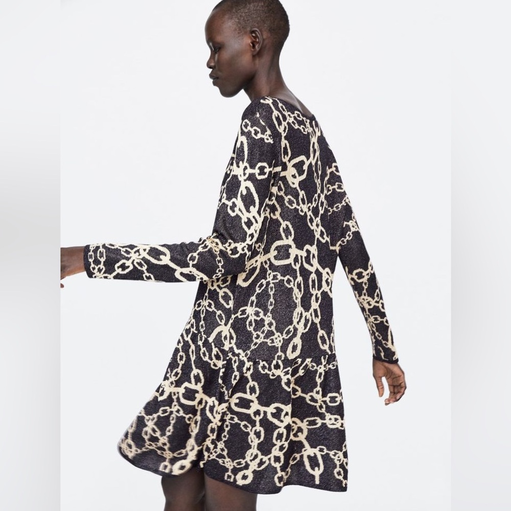 Zara sweater dress shimmer gold chain pattern